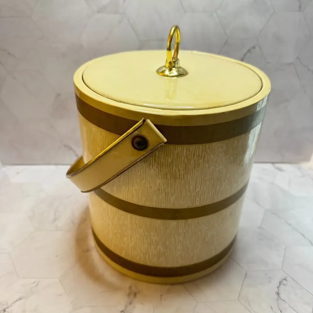 Vintage Culver Ice Bucket MCM Ecru w/Lid & Handle Barware Retro 70s 80s in EUC